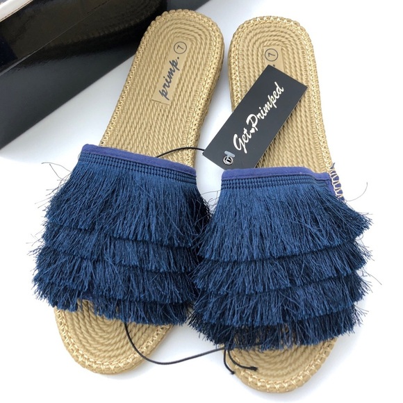Get Primped Navy Blue Formentara Slide Boho Beach Summer Sandals Shoes 7 - Picture 2 of 5